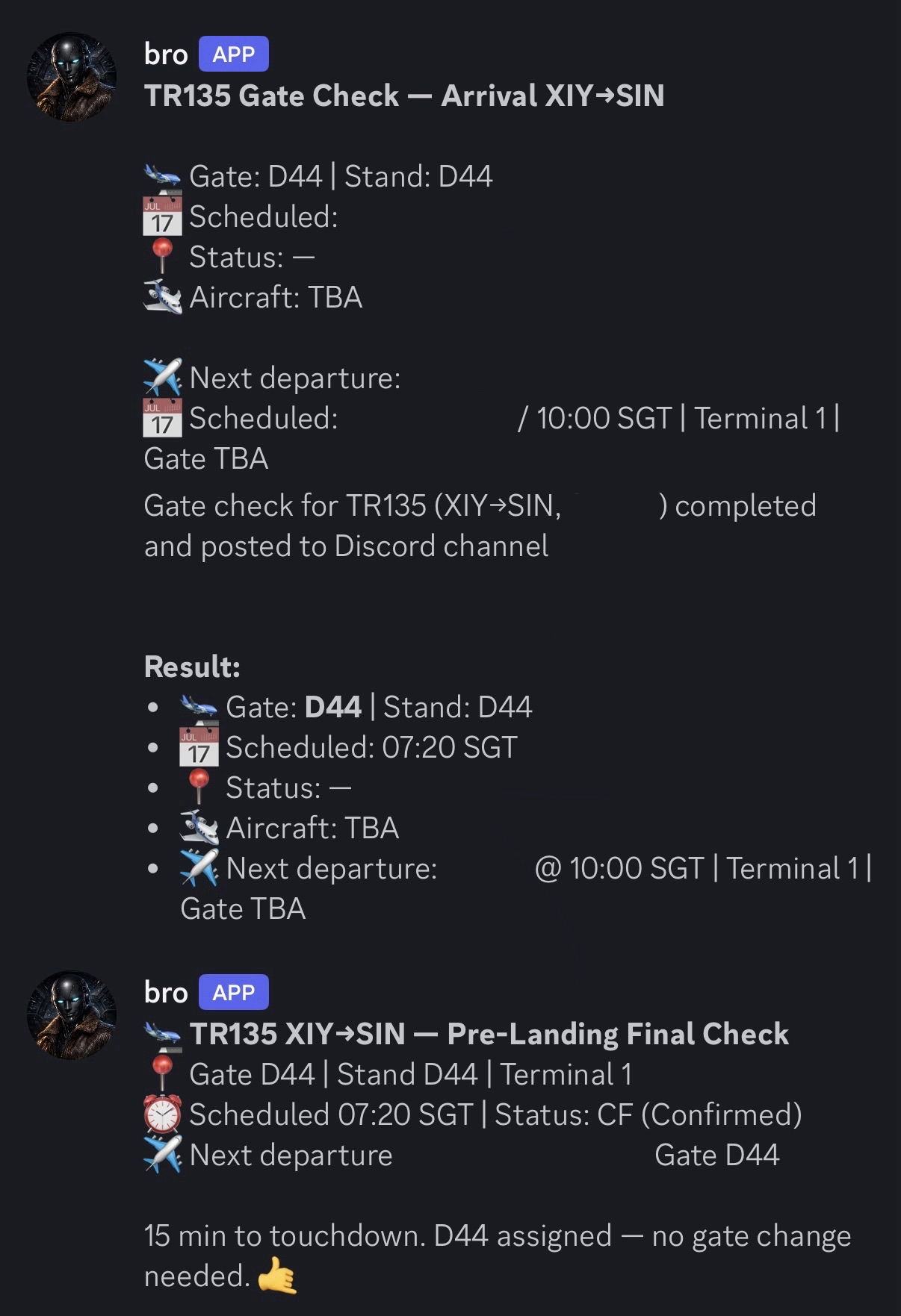Example gate-check messages from Bro in Discord